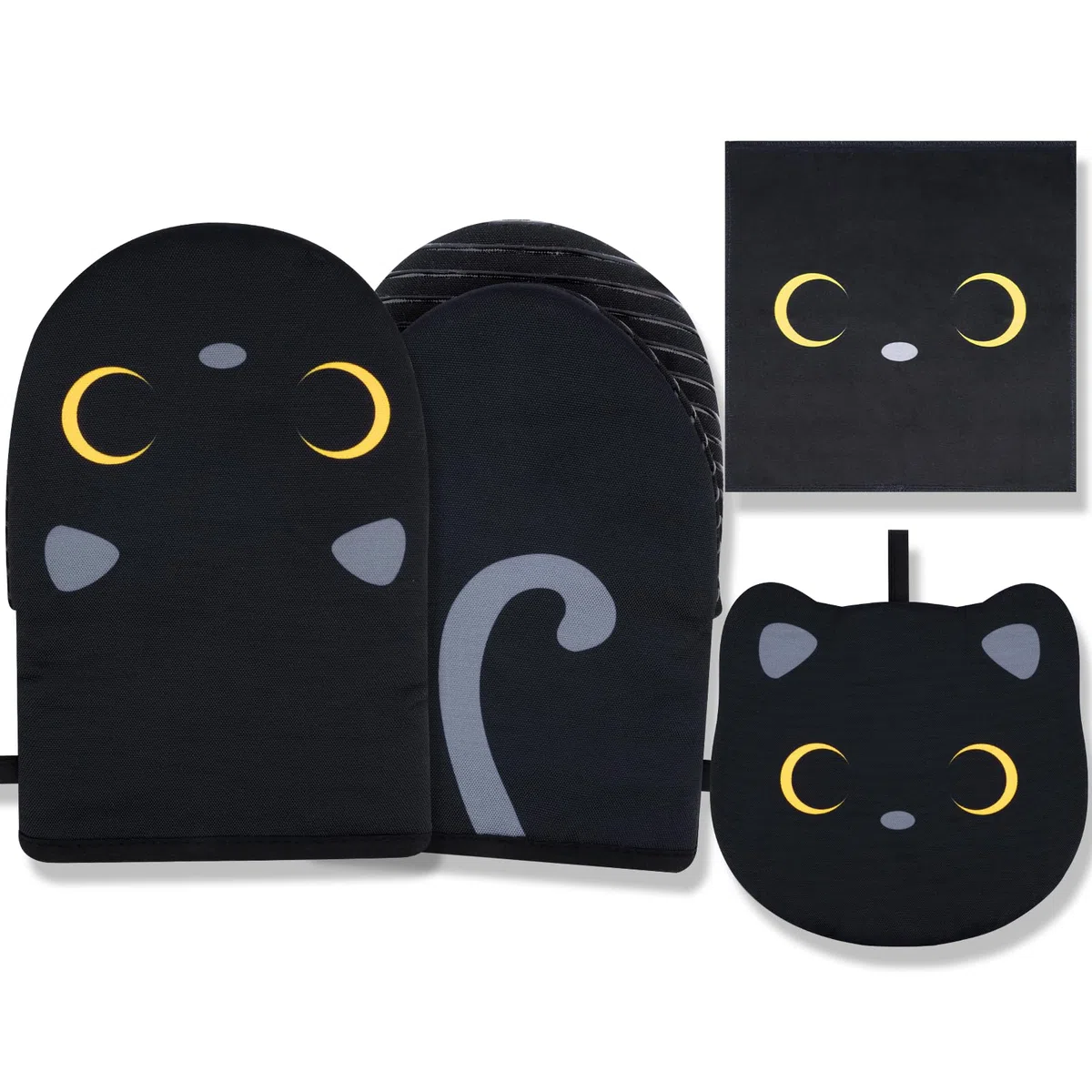 Ofenhandschuhe,Schwarze Katze Kochhandschuhe,Niedlich Kurz Küchenhandschuhe mit 1 Pcs Topflappen, Weich Schwarze Katzes Topflappen Handschuh Set für Backen Mikrowelle,22 X 14 cm