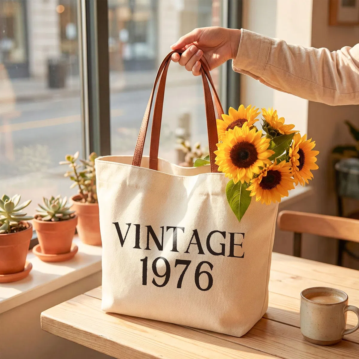 Giftota Geschenk Frau 50 Geburtstag, Vintage 1976 Geschenkset für Frauen, Große Canvas Tasche mit Ledergriffen & Kosmetiktasche, Back in 1976 Geburtstagsgeschenk
