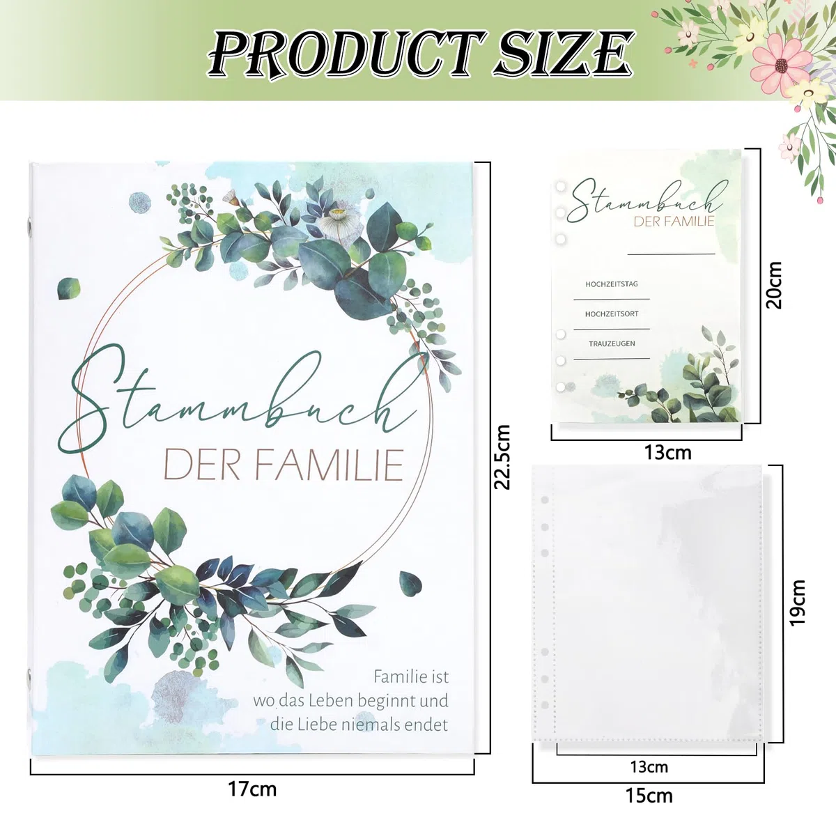 HOWAF Stammbuch Hochzeit, Modernes Familienstammbuch Stammbuch A5 inkl Standesamt Hochzeit mit 10 Klarsichthüllen - Hardcover 17x22.5 cm - Greenery Eukalyptus