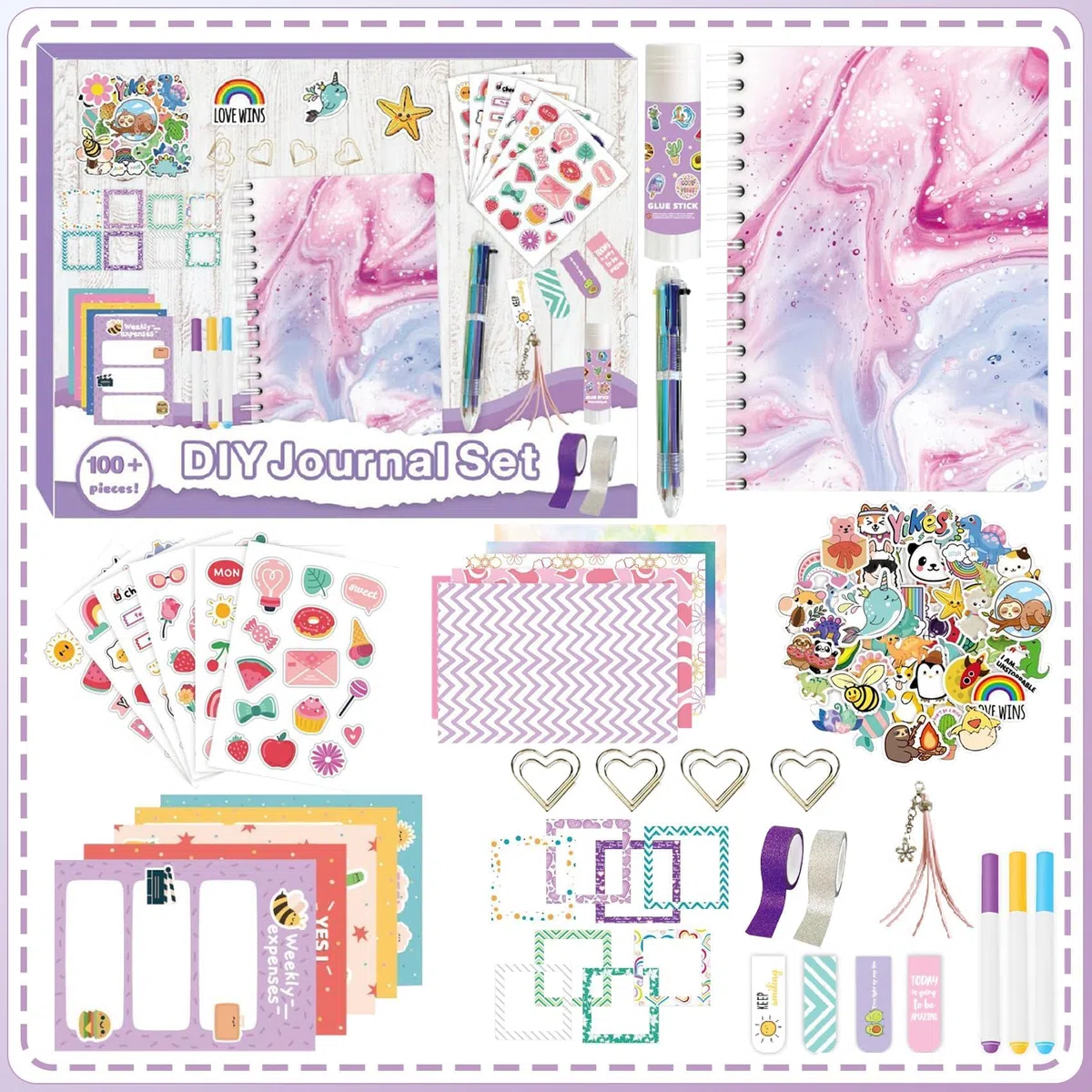 153 PCS Scrapbook Zubehör DIY Scrapbook Set Junk Journal Kit Sticker Scrapbooking Zubehör Sticker Aesthetic A5 Notizbuch Bastelset Tagebuch Weihnachten Kreative Geschenke für Teenager-Lila