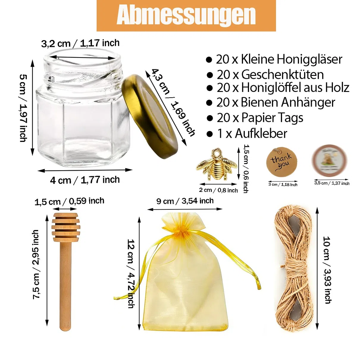 20 Stück 45ml Kleine Honiggläser, Hexagon Mini Glas Marmeladengläser mit Aufkleber, Hölzernen Dippers, Geschenktüten, Jutes, Gilt für Gastgeschenk Set für Hochzeit, Party, Geburtstag