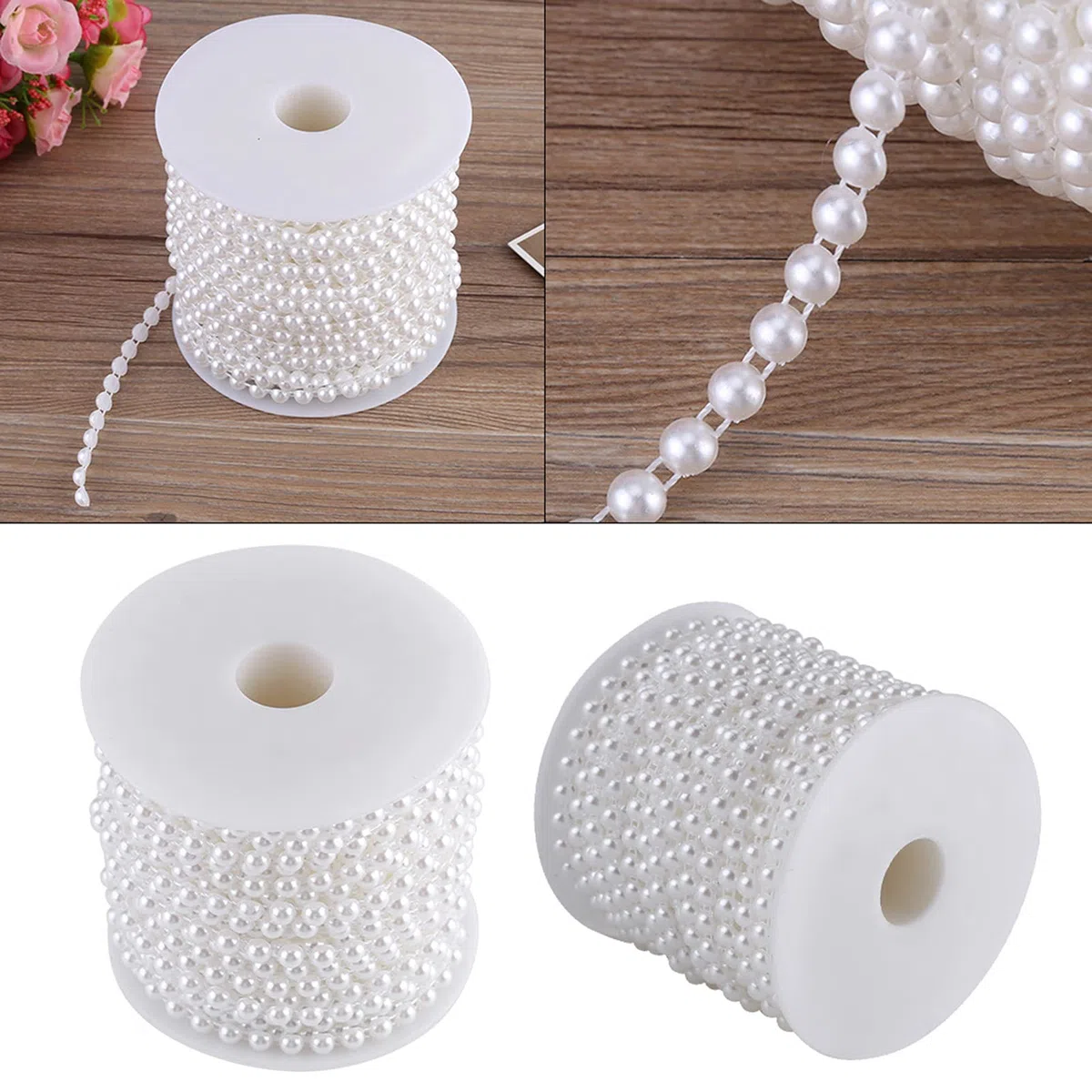 Dekorative Perlen, 25 m/Rolle Doppelte Baumwolllinie Halbrunde Perlenband Perlenkette Perlengirlande Hochzeit Perlenschnur Weihnachtskette Weihnachten Advent auf Rolle Weiss