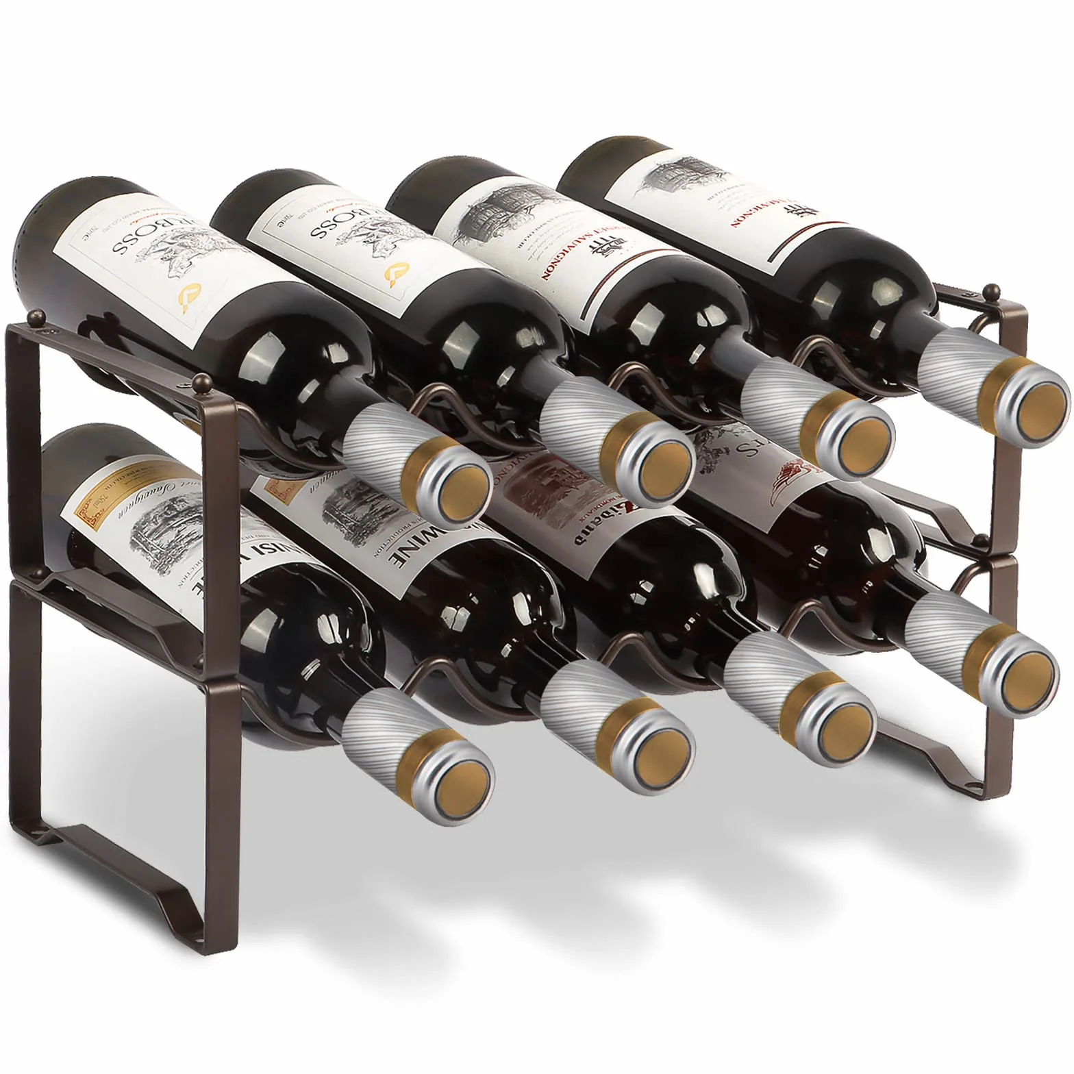Weinregal Metall stapelbar flaschenregal für 8 Flaschen für Keller, bar und lagerraum, Wine Rack stabiles modular erweiterbare Flaschen und weinlagerung (2 Etagen)
