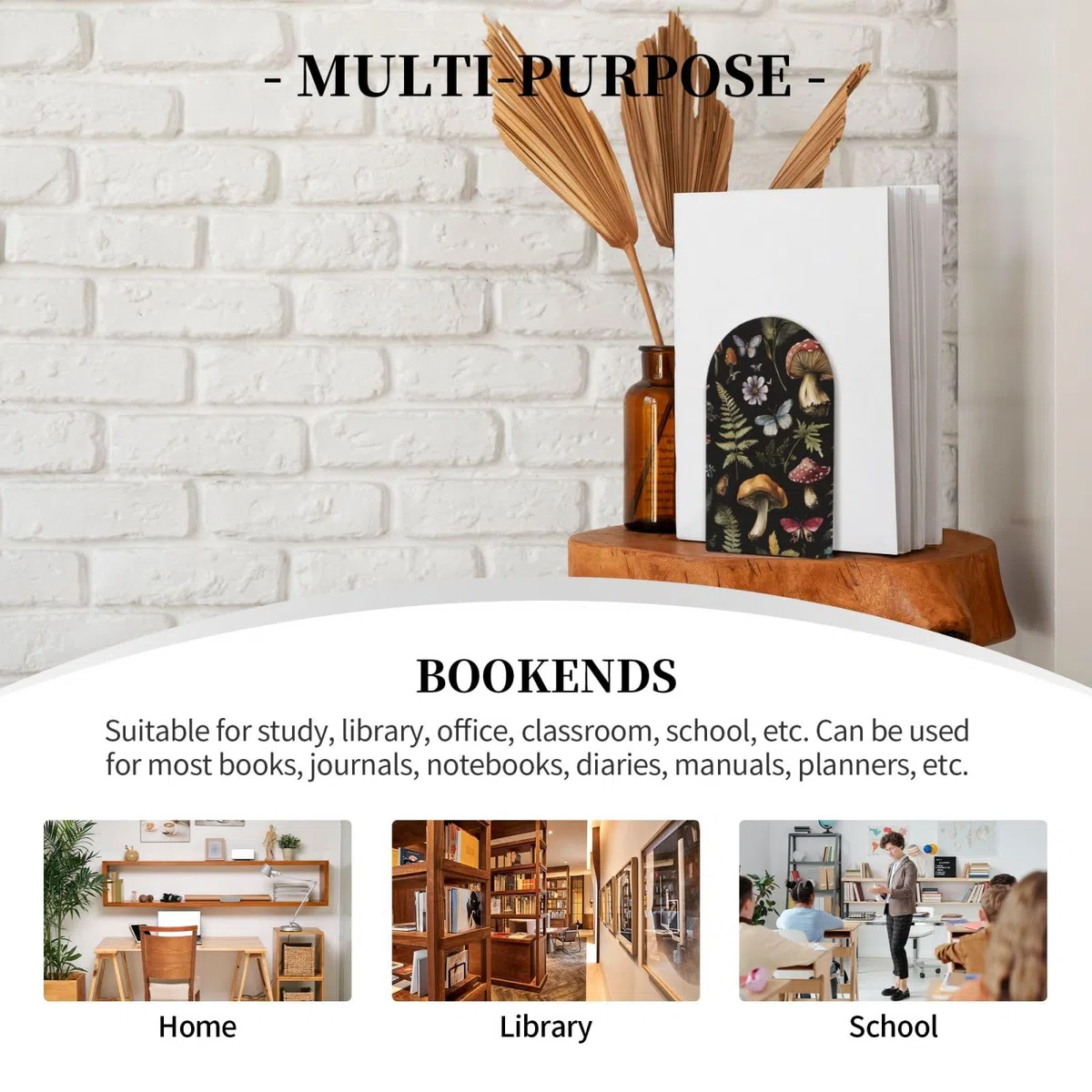 Buchstützen mit Pilz-Schmetterlingen, 1 Paar, Waldblumenblätter, Holz-Buchstützen für Regale, robuster Bücherregalhalter mit rutschfester Unterseite, Buchstopper für Zuhause, Büro, Bibliothek