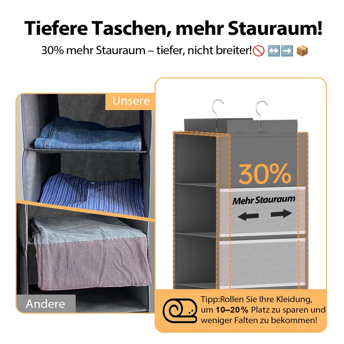 ALLTIDYUP Extra tiefer Hängeorganizer, Kleiderschrank Organizer Aufbewahrung 6 Fächer, Mesh-Taschen, stabil, platzsparend, ideal für Studentenwohnheim, Wohnmobil, Grau, 1 Stück