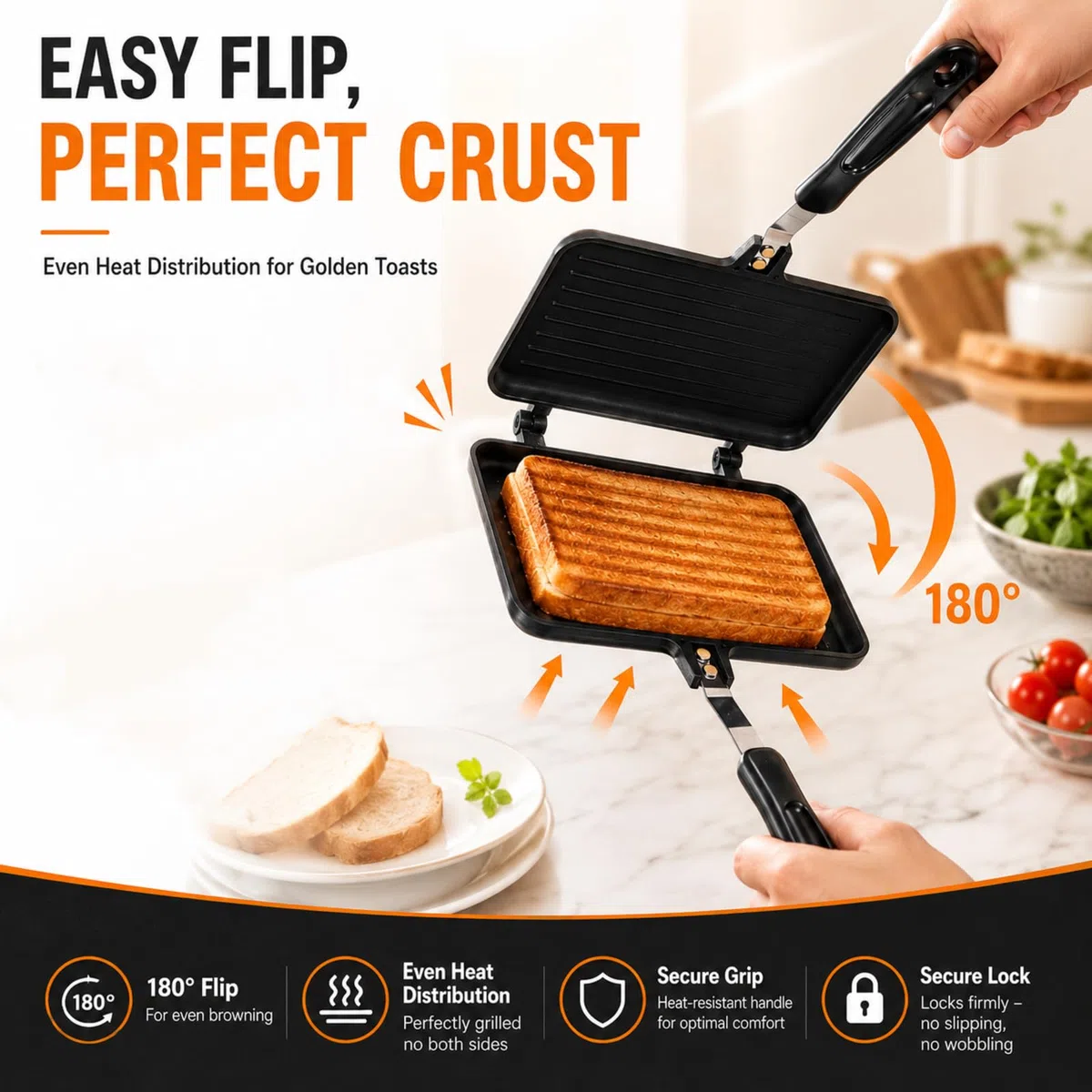 Doppelseitige Sandwich Maker Bratpfanne, Sandwichmaker Camping Doppelseitige Bratpfanne, Antihaft Aluminium Schwarz, Toastpfanne für Gasherd Camping und Frühstück