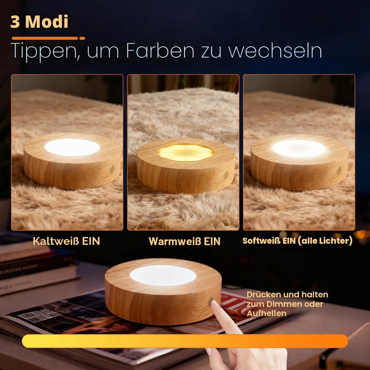 LED-Lichtsockel, 12 cm Holz-Lichtsockel mit Touch-Dimmer und 3 Lichtmodi, Kristall-Display-Sockel, Holzsockel, runder Lichtsockel für Kristallglas, Harz, Kunstharz-Schmuck, Acryl (Holz, 1 Stück)