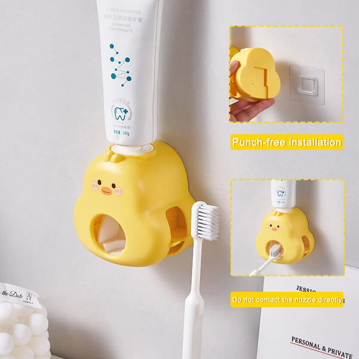 Zahnpastaspender Kinder Ohne Bohren Sonwaha Toothpaste Dispenser Kids,Zahnpasta Spender Automat Kinder mit Tasse Zahnbürstenhalter Kinder Kleine Gelbe Ente