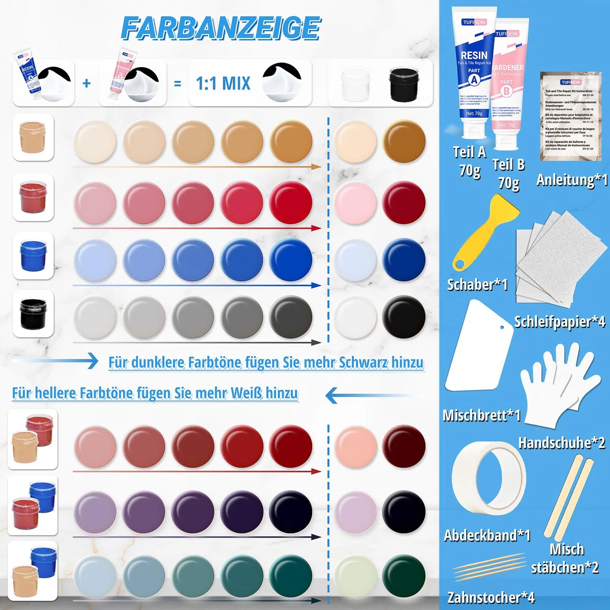 Badewannen Reparaturset Weiß 140g (Farbübereinstimmung), TUFINEIN Emaille Reparaturset für Porzellan, Keramik, Acryl, Reparatur von Rissen, Sprüngen und Löchern auf Fliesen/Waschbecken/Duschwanne