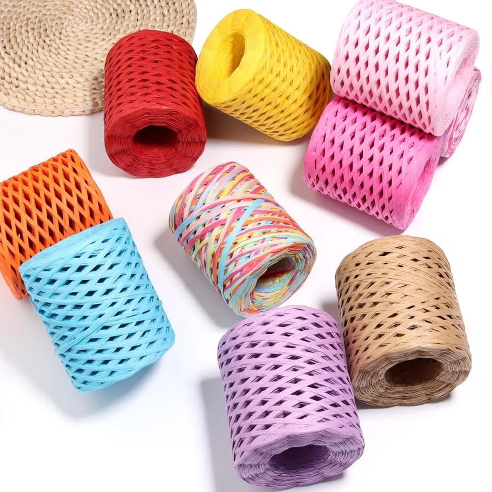 200 m Bastband Bunt Papierbänder Raffia Paper Schnur Geschenkband Papier Bindfäden Häkeln Bast Band für DIY Basteln Geschenkverpackung Weben Weihnachten Dekoration Mischfarben 2