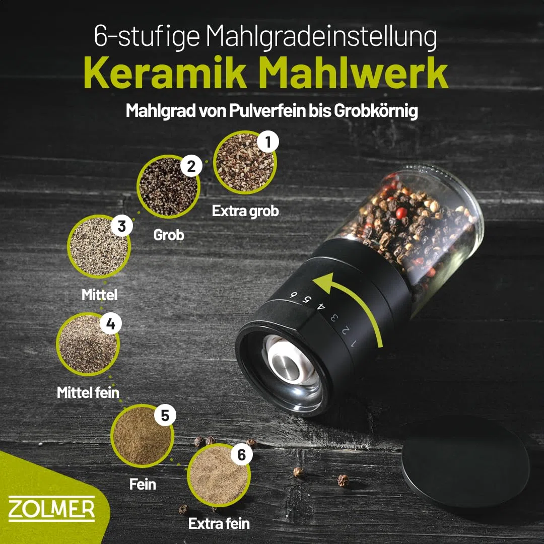 2er Set Pfeffermühle mit Keramikmahlwerk & 6-Stufen-Drehung – Salz und Pfeffermühle groß – Manuelle Gewürzmühle schwarz matt, einstellbar & nachfüllbar