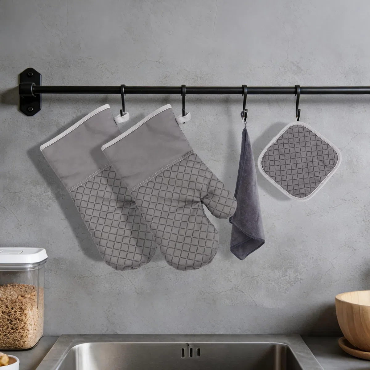 Ofenhandschuhe & Topflappen Set 8-teilig, Hitzebeständig bis 230°C, rutschfest mit Silikon, Baumwolle Innenfutter, Backhandschuhe für Küche, Grillen, Backen & BBQ