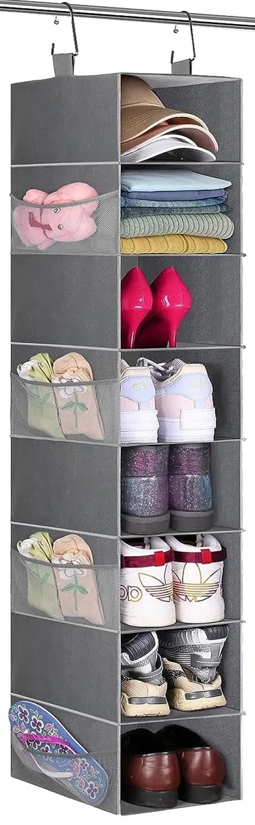 MISSLO 8-Regal Hängende Schuh Organizer Kleidung Schrank Organizer und Aufbewahrungsregale Huthalter mit großem Regal und seitlichen Mesh Taschen für Hüte Handtaschen Kid Pullover, grau
