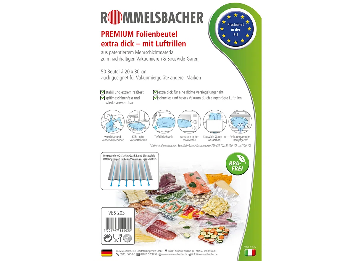 ROMMELSBACHER VBS 203 Profi Folienbeutel 20 x 30cm, 50 Stück, BPA-frei, extrem stark & reißfest 210μm, eingeprägte Luftrillen, wiederverwendbar, Sous vide, Made in Europe, für alle Balkenvakuumierer