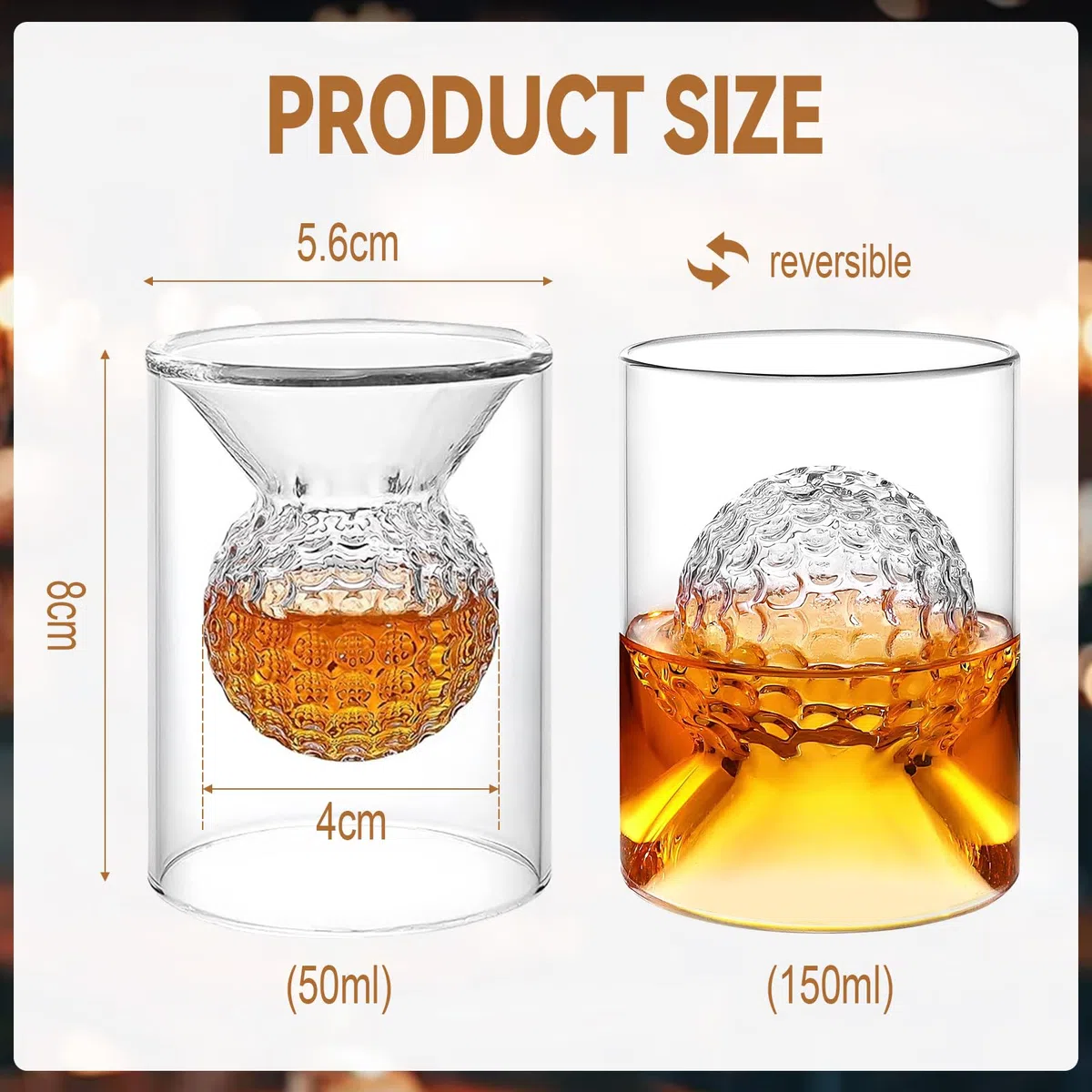 2-teiliges Whiskyglas, Golf-Whiskyglas-Set, 50 ml, Whiskyglas mit eingebettetem Golfball, Kaffeetasse, Weinglas, Rotweinglas für Cocktail-Geschenke für Golfer, beide Seiten sind nutzbar