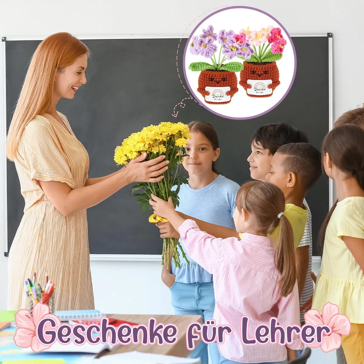 Namalu Dankeschön Geschenk 2er Set Häkel Blumentopf Puppen mit Karte „Danke für Alles“ - Mini Positive Gehäkelte Blumen Geschenk für Lehrer & Kollegen zum Abschied, Geburtstag & Abschluss