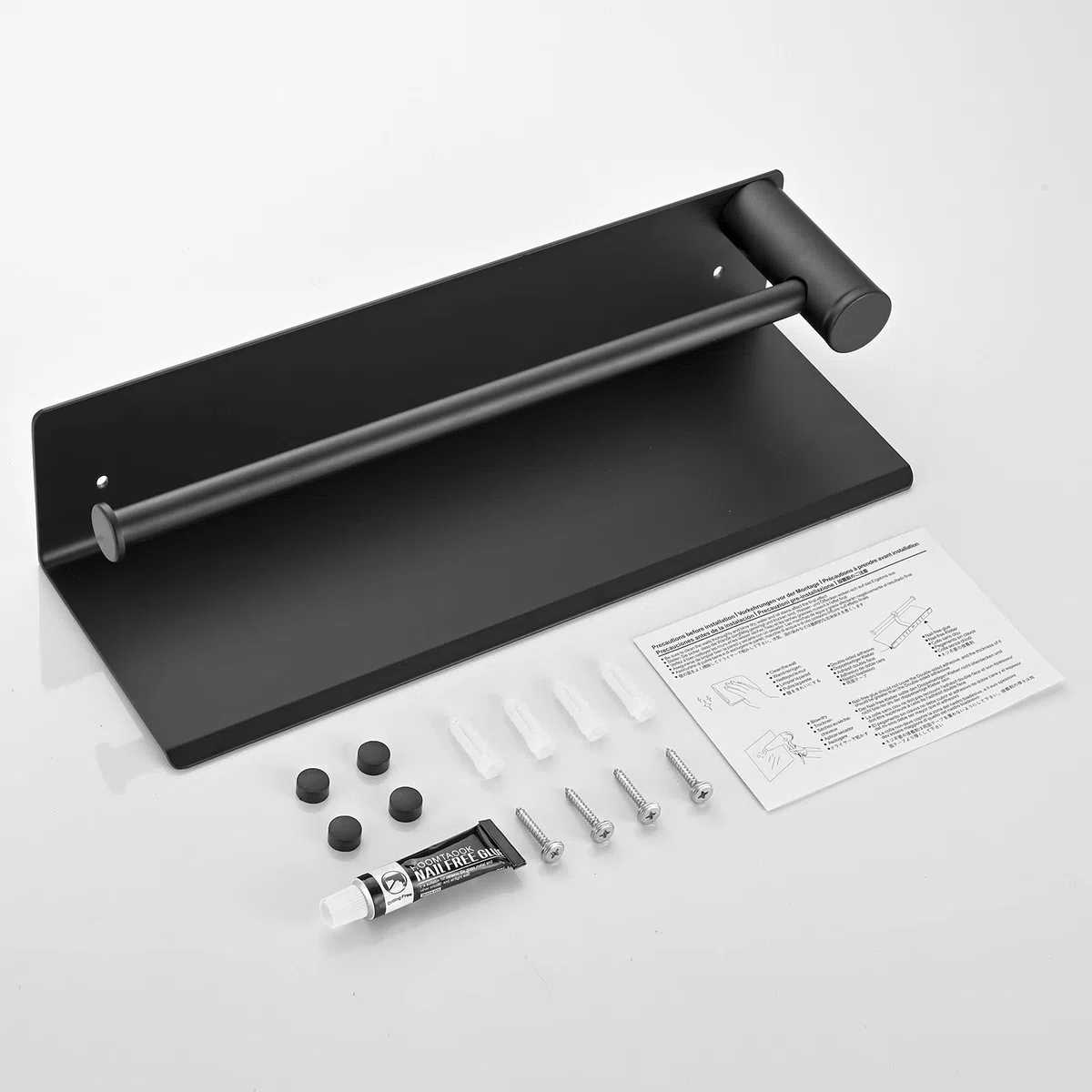 Küchenrollenhalter Wandmontage, Küchenpapierhalter Ohne Bohren für Küchenkrepp Papierrollenhalter, Aluminium Rollenhalter Küche mit Aufbewahrung Geräumigen Regal, Küchenrollenhalter Schwarz