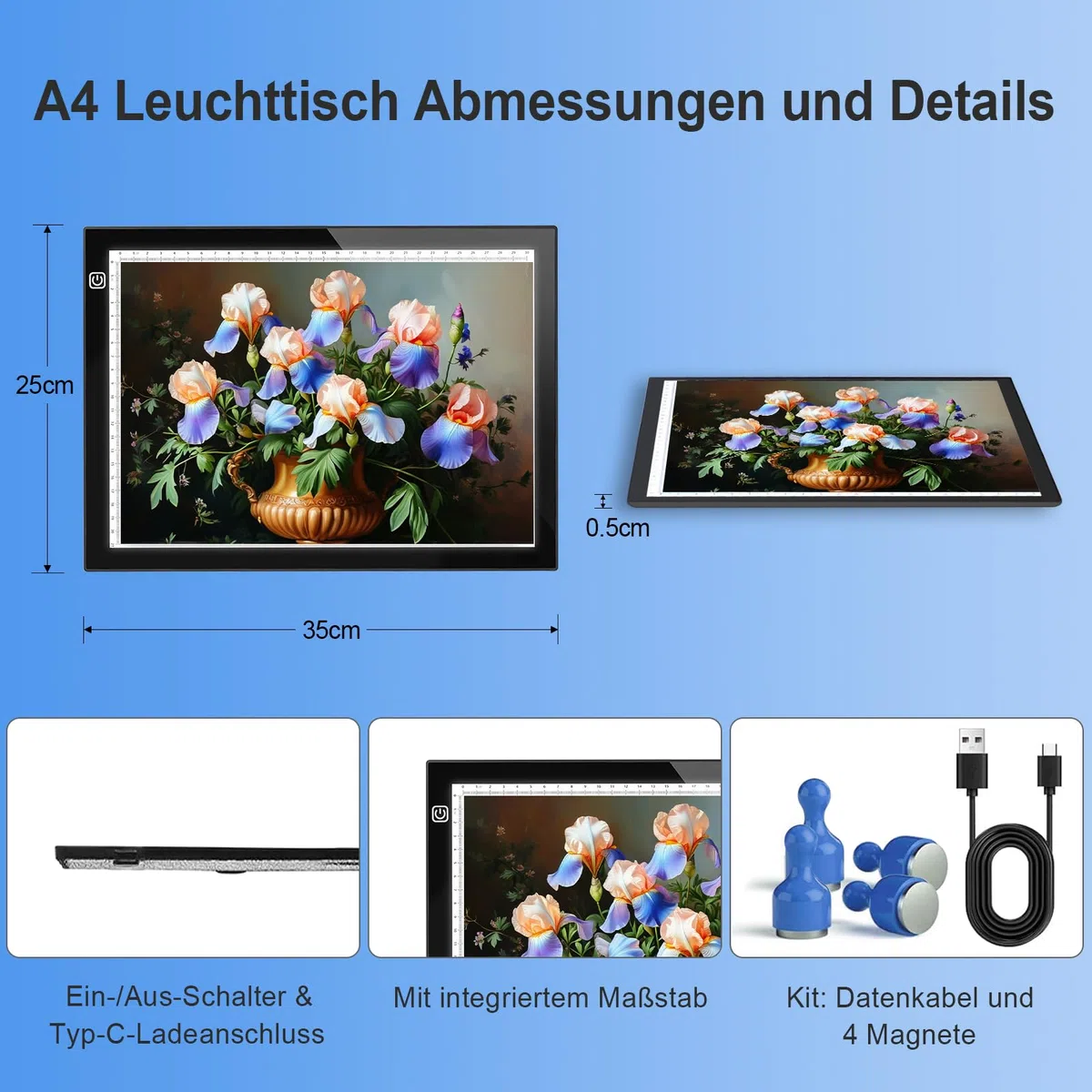 UUCOLOR LED Licht Pad A4, Leuchttisch A4 Leuchtplatte Zeichnen einstellbare Helligkeit, mit USB Kabel, Ideal für Diamond Painting, Skizzierung, Zeichnung, Animation, Tattoo, Malen