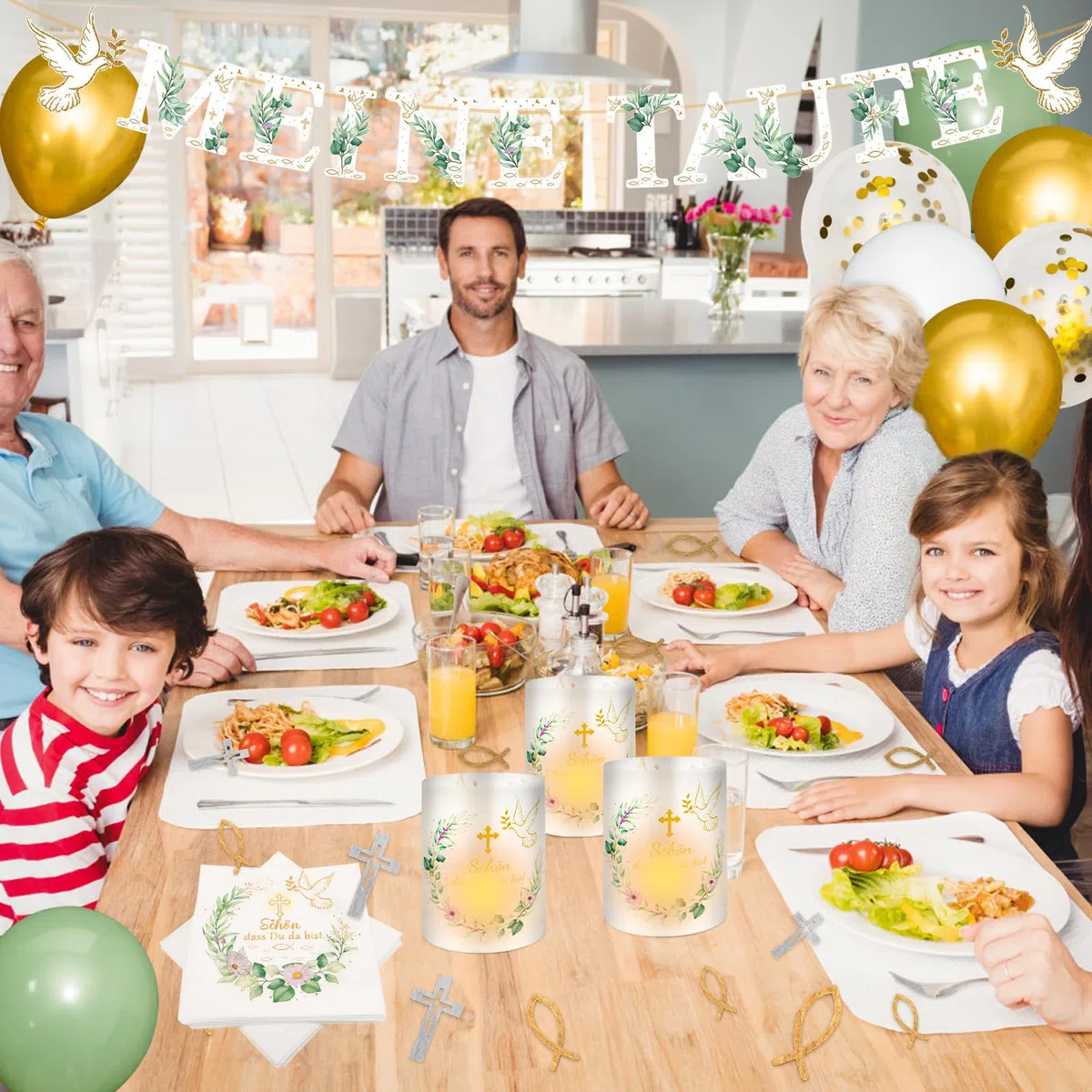 Taufdeko für Jungen & Mädchen –Deko mit Girlande, Ballons & Servietten – Party Dekoration zur Tauffeier, Baby Taufe für Kinder, mit Spruch „Schön, dass du da bist