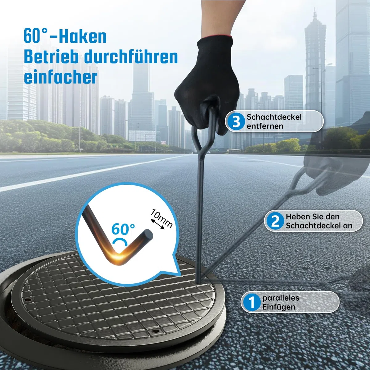 2 Stück Kanaldeckelheber 30cm, Schachthaken aus schwarzem Kohlenstoffstahl, Gullideckel haken für Kanal- und Abflusshaken, Schachtdeckelheber wird mit einem Paar Handschuhen geliefert