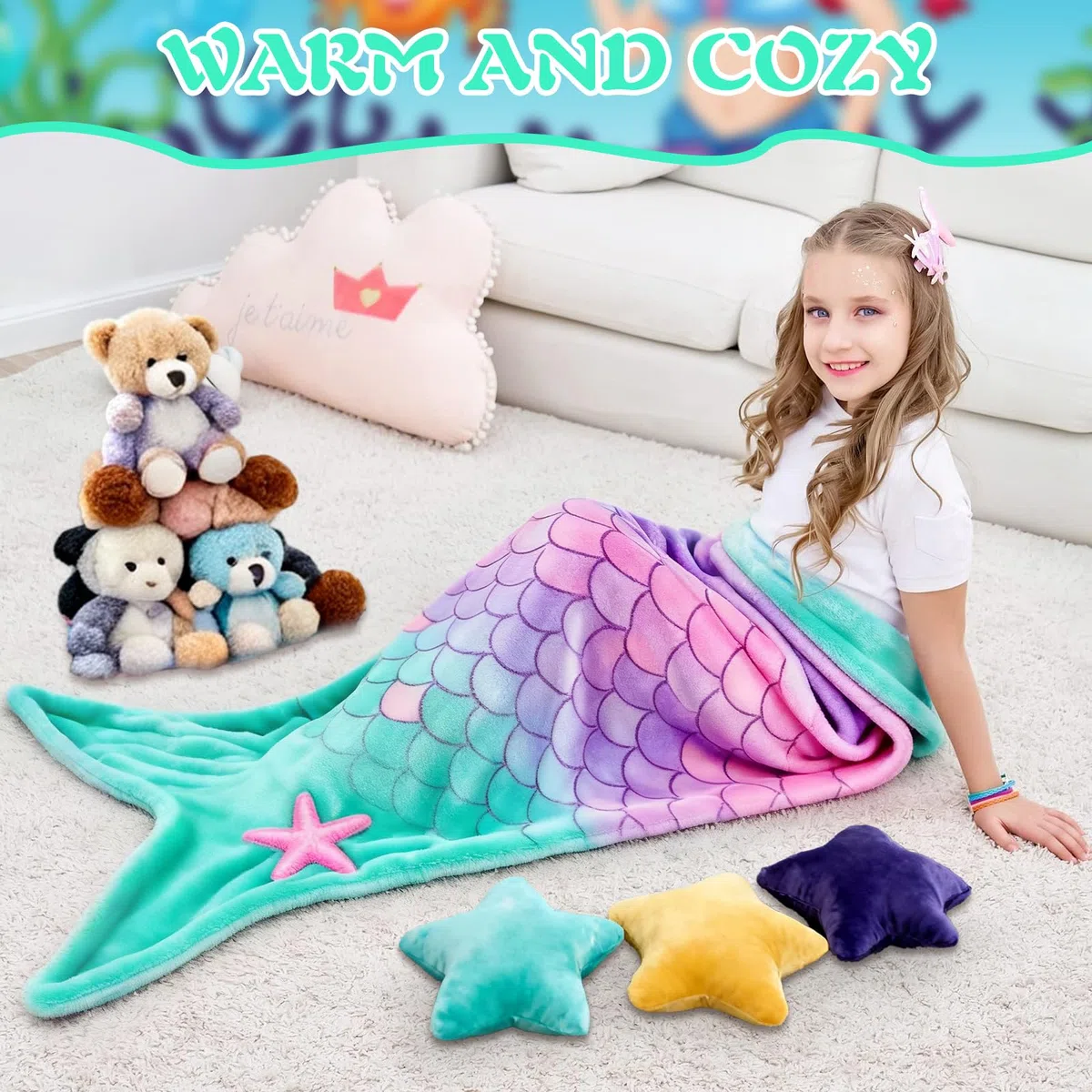 Meerjungfrau Decke, Meerjungfrauen Schwanz Decke mit Haarnadel Armband, Weicher Flanell Tragbare Schwanzdecke für Kinder Geburtstag Weihnachten Geschenk, 140x60cm