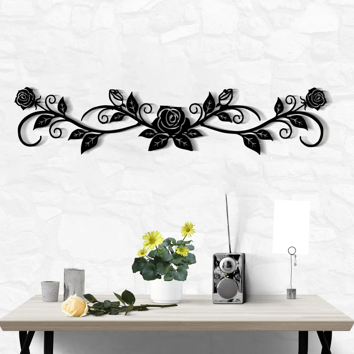 DUOOLN Groß Metall Wanddekoration,Langes Eisen Rosenblüte Ranken Dekor,Moderne Geometrische Wanddek, Schwarze Metall-Wanddekoration für Bauernh Zuhause, Schlafzimmer, Wohnzimmer (73.66 x 16 cm)