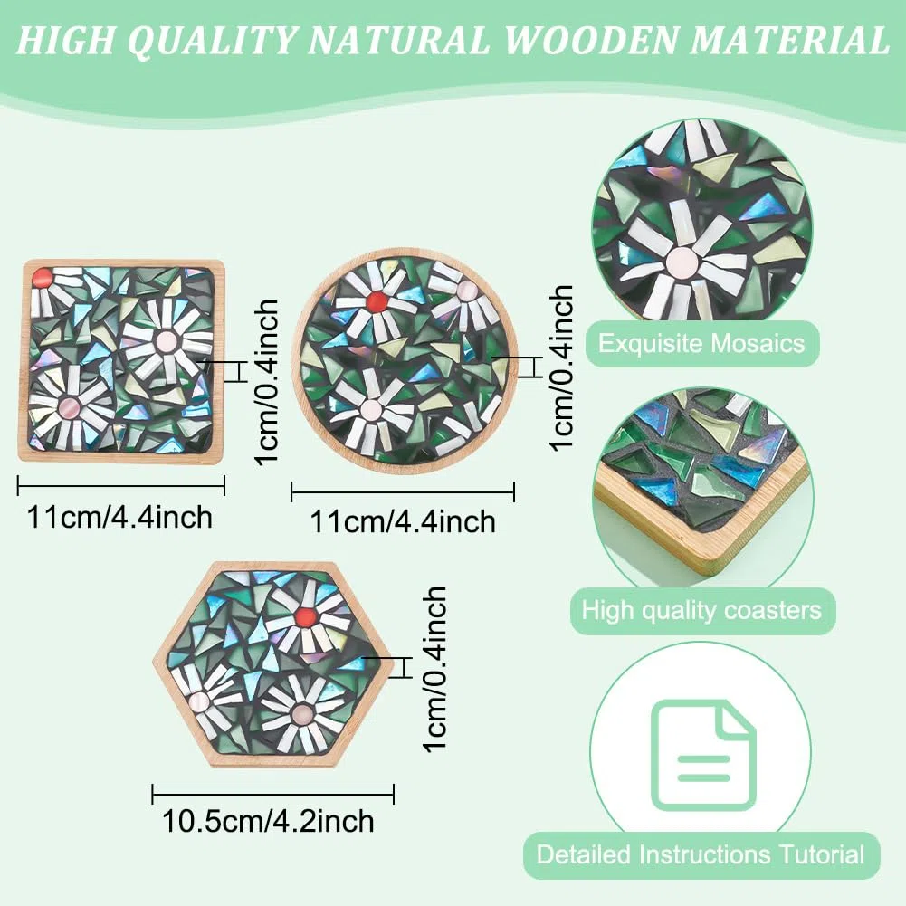 WEBEEDY 3 Stile DIY Mosaik Bastelset Blumenmosaik Bambus Untersetzer Kits Für Erwachsene Anfänger, Grüne Glasmosaikfliesenstücke Mit Leerem Bodentablett Für Handgefertigte Kunst-Wohndekoration