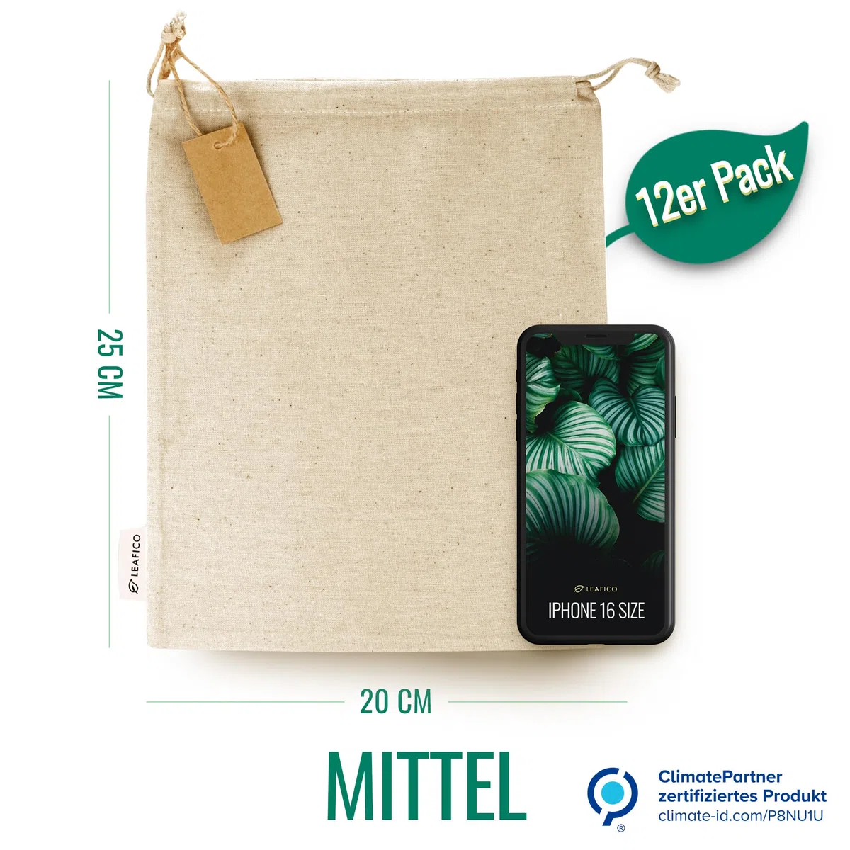 Leafico Wiederverwendbare Baumwollbeutel Mittel 20x25 cm – Stoffbeutel mit Kordelzug für Obst, Gemüse, Brot, Kräuter, Aufbewahrung, Geschenkverpackung – Bio Musselinbeutel nachhaltig – 12 Stück
