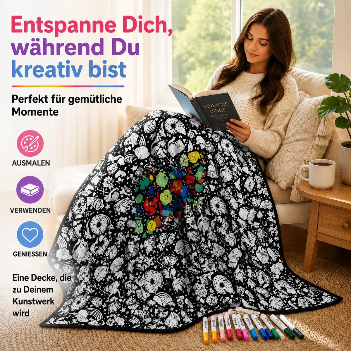VEELU DIY Maldecke Decke zum Ausmalen mit 24 Stoffmalstiften, Decke zum Bemalen Erwachsene, Maldecke zum Ausmalen 150 x 115 cm, Kreative Geschenk für Familie & Freunde