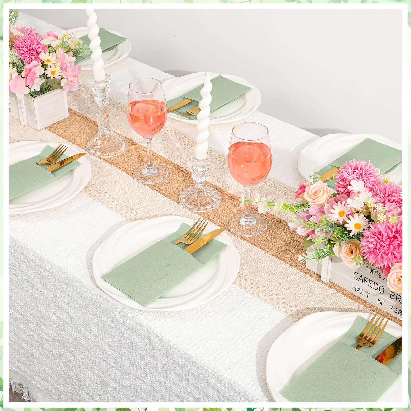 60 Stück Salbeigrün Leinenservietten mit integrierter Bestecktasche, 40.6cm×40.6cm Servietten Kommunion Junge Stoffähnlich Einweg-Servietten für Tischdeko Konfirmation Hochzeit Babyparty Geburtstag