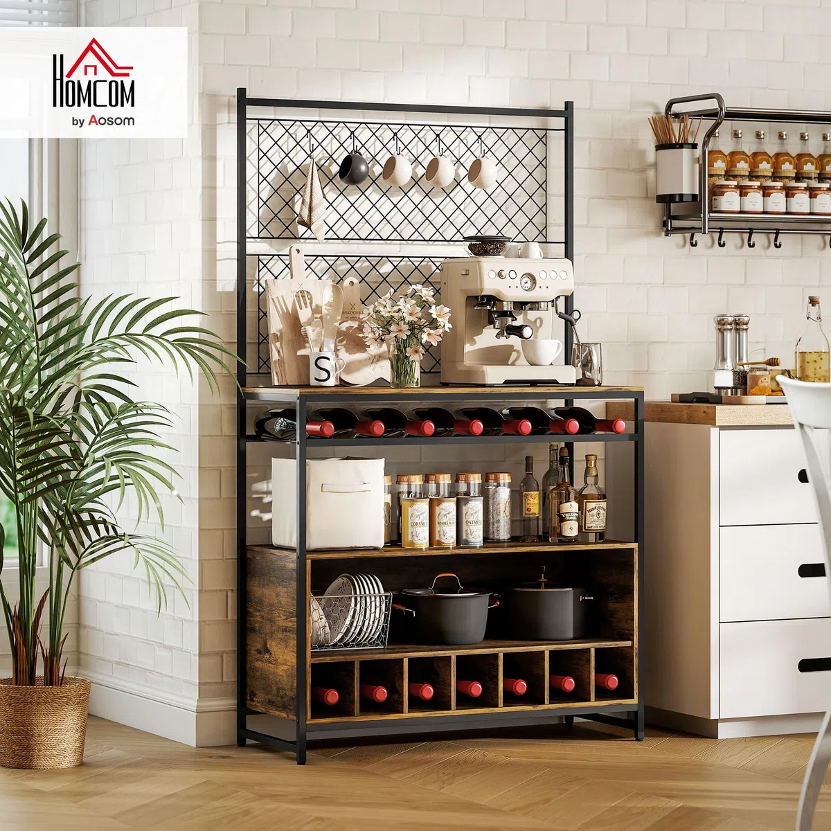 HOMCOM Küchenregal, Standregal mit 5 S-Haken, 2 Ablagen, Metallgitterpaneele, Kaffeebar mit Weinregal, Bäckerregal aus Metallrahmen, Rustikal-Braun, 96,5 x 38 x 165 cm