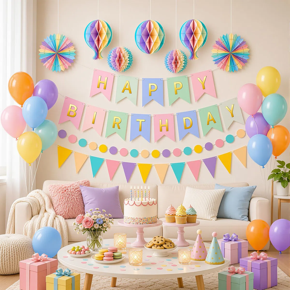 OLANRUN Geburtstagsdeko Set, Geburtstag Deko mit Happy Birthday Girlande, Banner, 21 Luftballons, Wimpelkette, Wabenbälle, Papierfächer, Luftschlangen für Frauen Mann Mädchen Jungen Party Deko