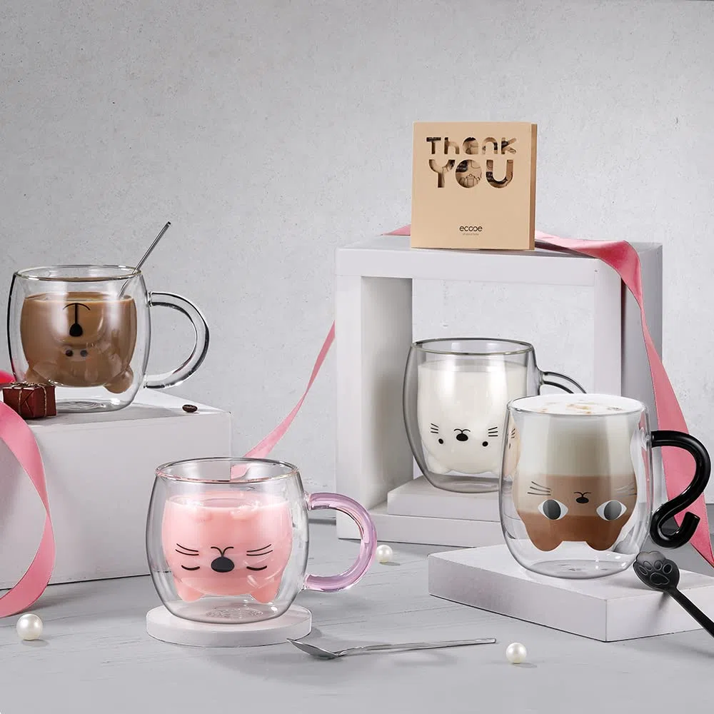 ecooe Doppelwandige Süße katze Latte Macchiato Gläser Kaffeetasse 290ml Kaffeeglas Teegläser für Cappuccino,Latte Macchiato,Tee, Milch, Bier, Geburtstag Valentinstag Geschenke für Frauen Männer Kinder
