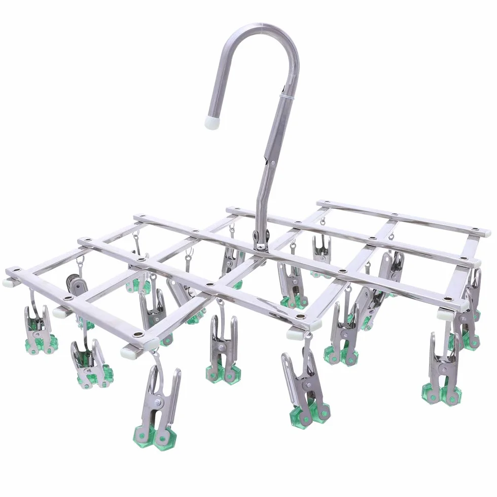 Drip Kleiderbügel,Edelstahl Trocknen Rack,Sockenaufhänger,Unterwäsche trockner,18 Wäscheklammern für Shorts wäsche,Faltbar,Winddicht,Sammle schnell Kleidung,grün