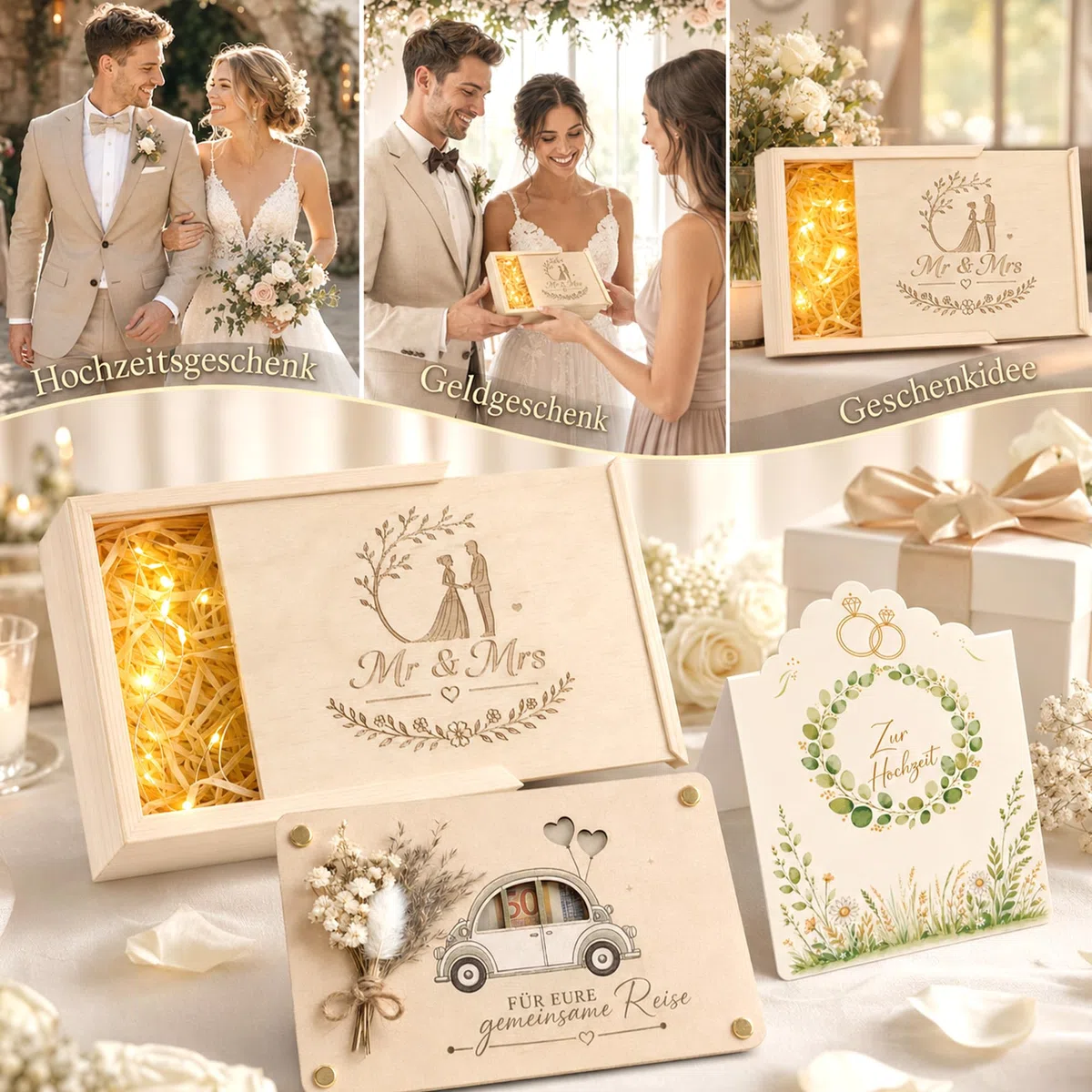 Geldgeschenk Hochzeit Holz, Hochzeitsgeschenk für Brautpaar mit Geschenkbox, Holzkarte, Hochzeitskarte & Trockenblumen, Geldgeschenke zur Hochzeit, Flitterwochen