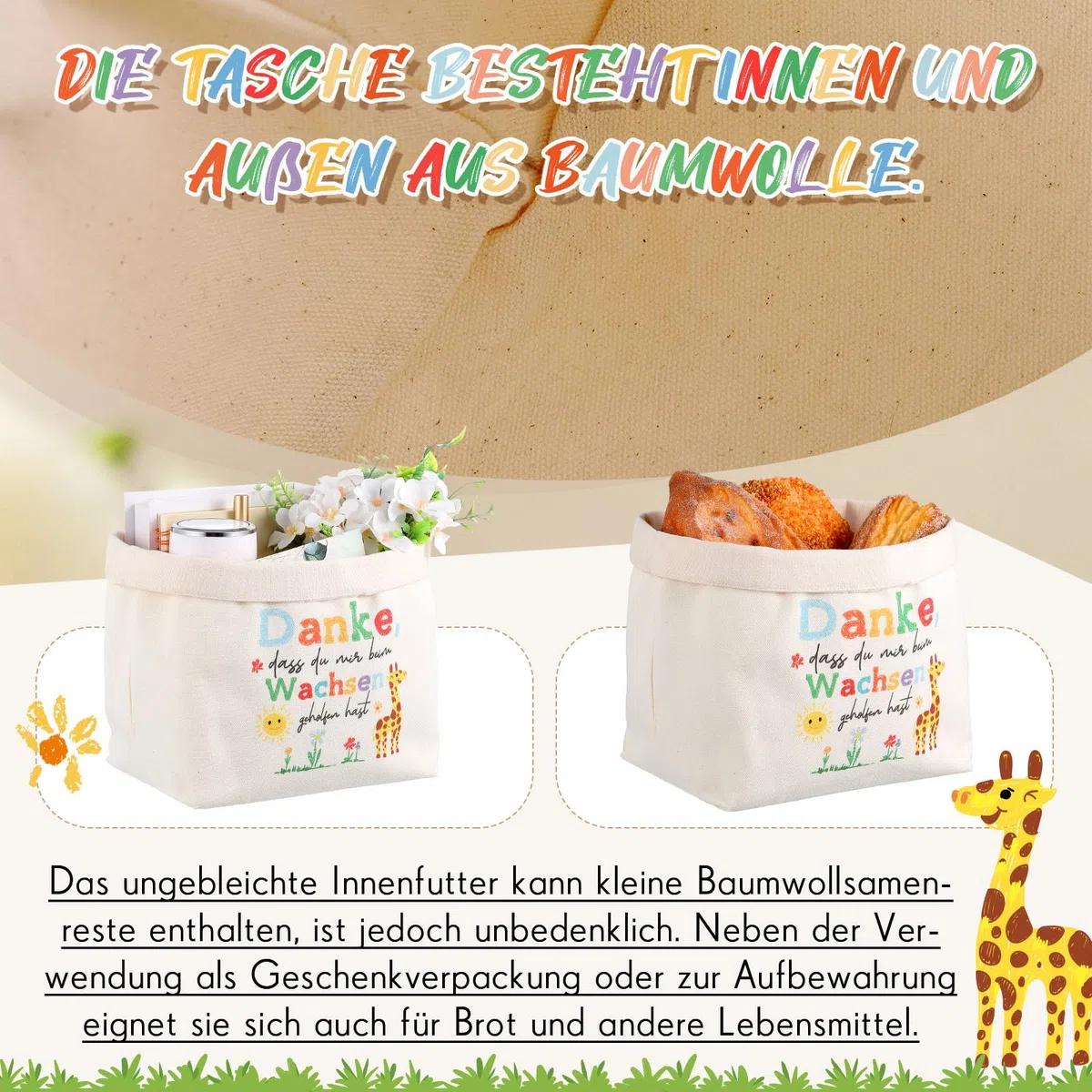 Sinmoe Abschiedsgeschenk Lehrerin Brotkorb Stoff Danke, dass du mir beim Wachsen geholfen hast Geschenkkorb Leer Dankeschön Geschenk Verpackung für Erzieherin Kindergarten Lehrer Grundschule(Giraffe)