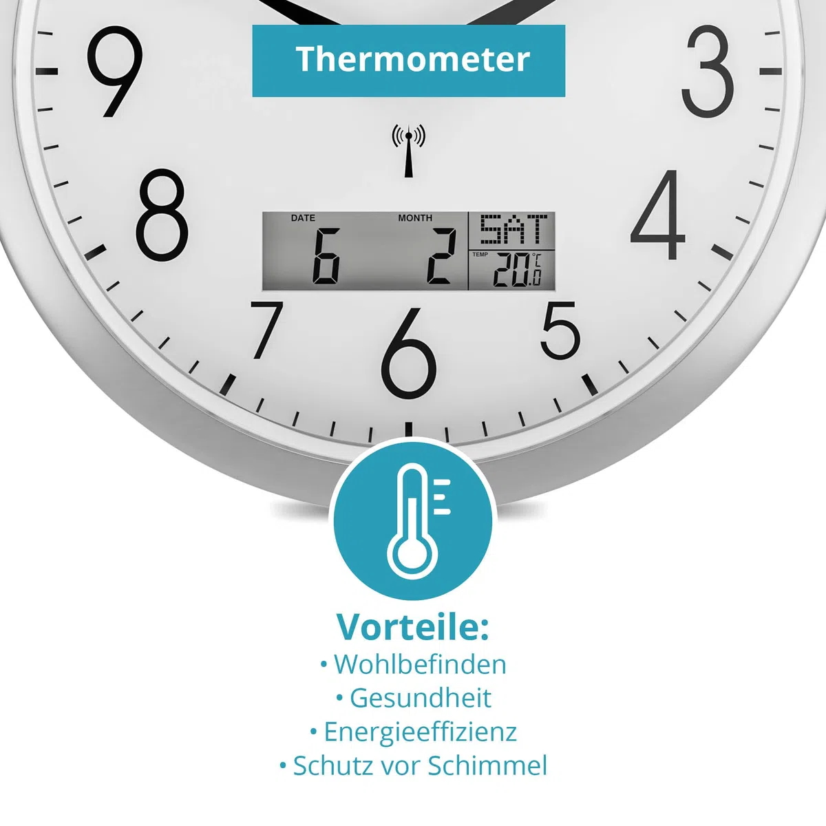Mebus Analoge Funk-Wanduhr 29cm groß | Leicht lesbar & lautlos | Runde Funkuhr ohne tickgeräusche & großem Ziffernblatt für Küche, Wohnzimmer, Büro, Kinderzimmer | Uhr geräuschlos in Silber