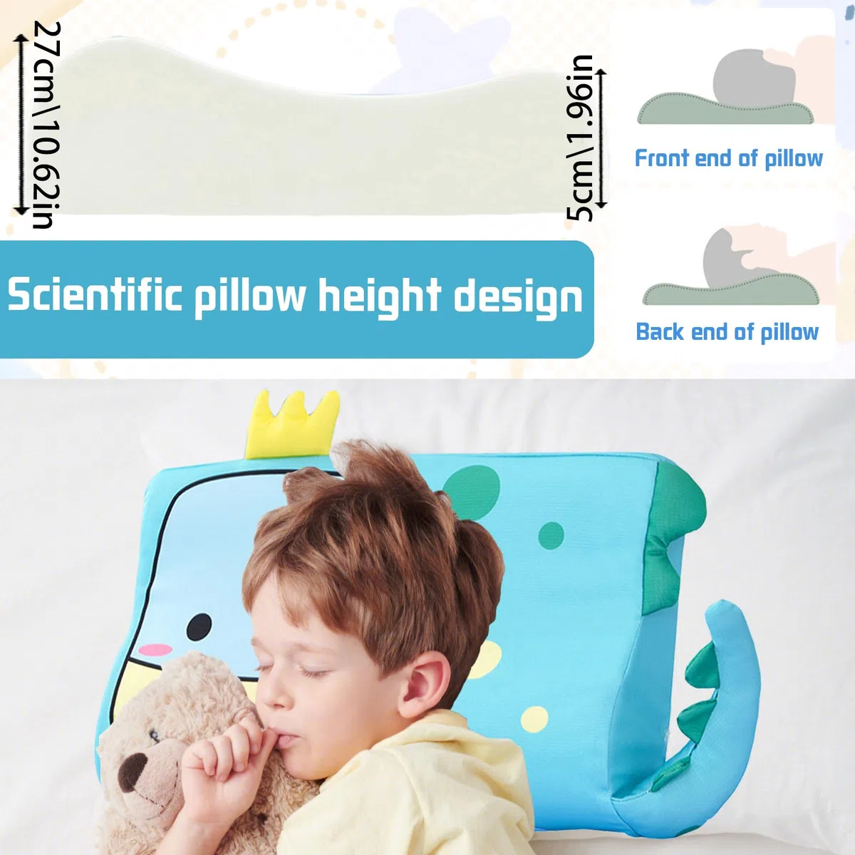 LUKIUP Schlummer Kissen, 45X27CM Schlummer, Niedliche Tiere Kinder Kissen Memory Atmungsaktiv Komfortkissen Schaum Ergonomisch fur Jungen und Mädchen (Dinosaurier)