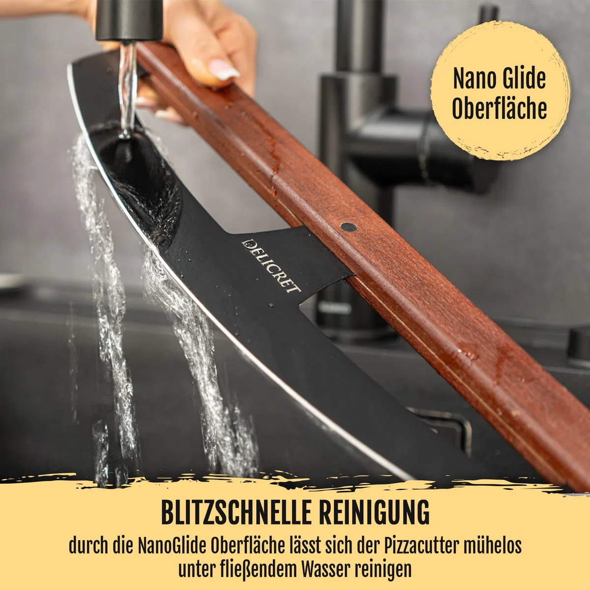 DELICRET "Black Line"- Pizza Wiegemesser | Pizzaschneider mit Akazienholtgriff & scharfer Edelstahlklinge