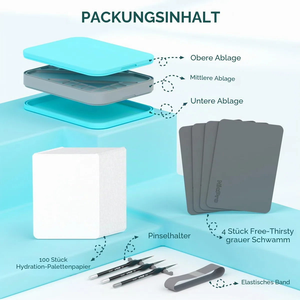 Nicpro Wet Palette für Mischpalette Acrylfarben, Farbtablett Nasspalette mit 100 Stück Palettenpapier, 4 Stück Schwämmen, Pinselhalter Farbmisch Aufbewahrung für Modellfarbe, DIY