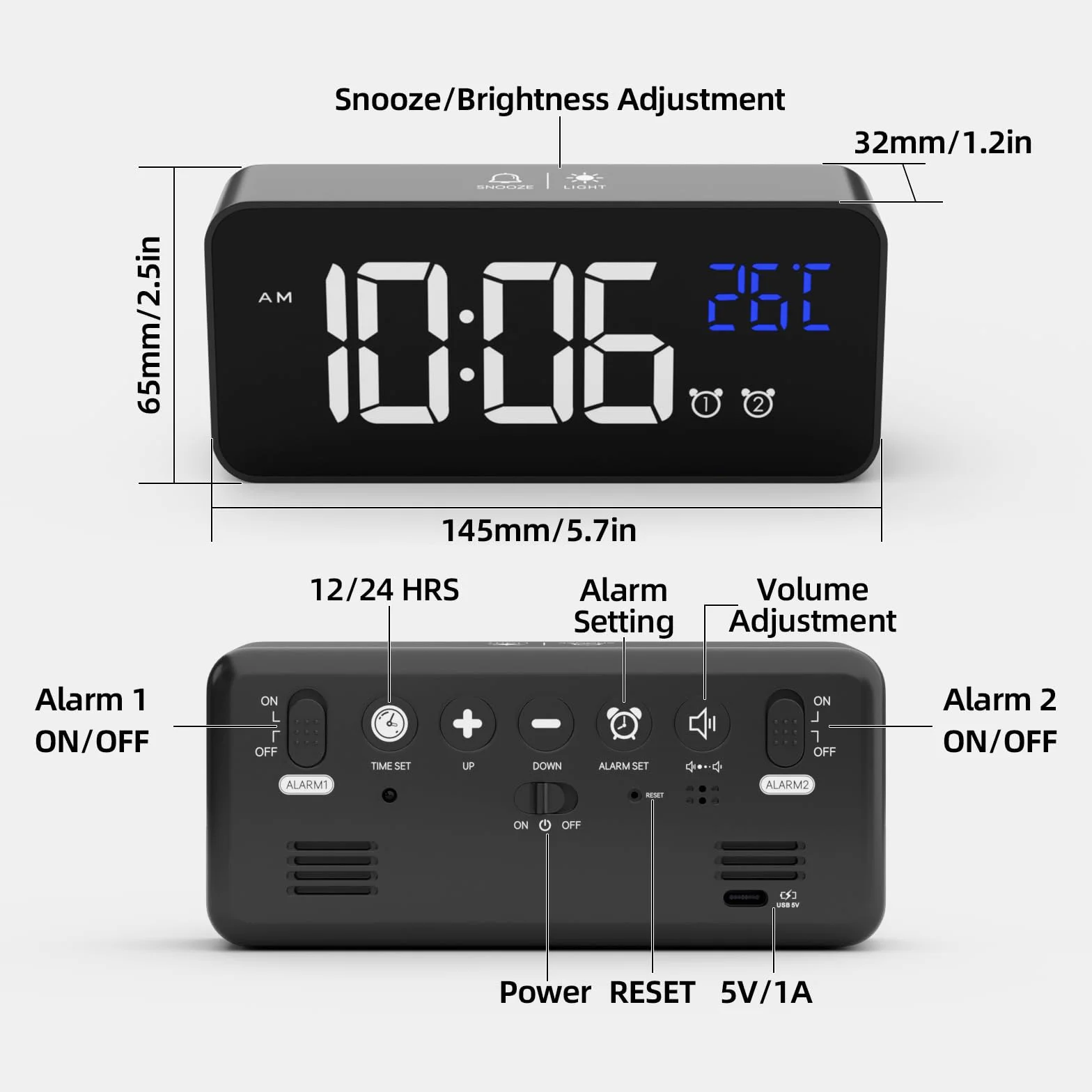 Digitaler Wecker mit großer LED-Temperaturanzeige, tragbarer Spiegelalarm mit Doppelalarm, Zeit-Dimmer, Helligkeitsdimmer in 4 Stufen verstellbar (schwarz)