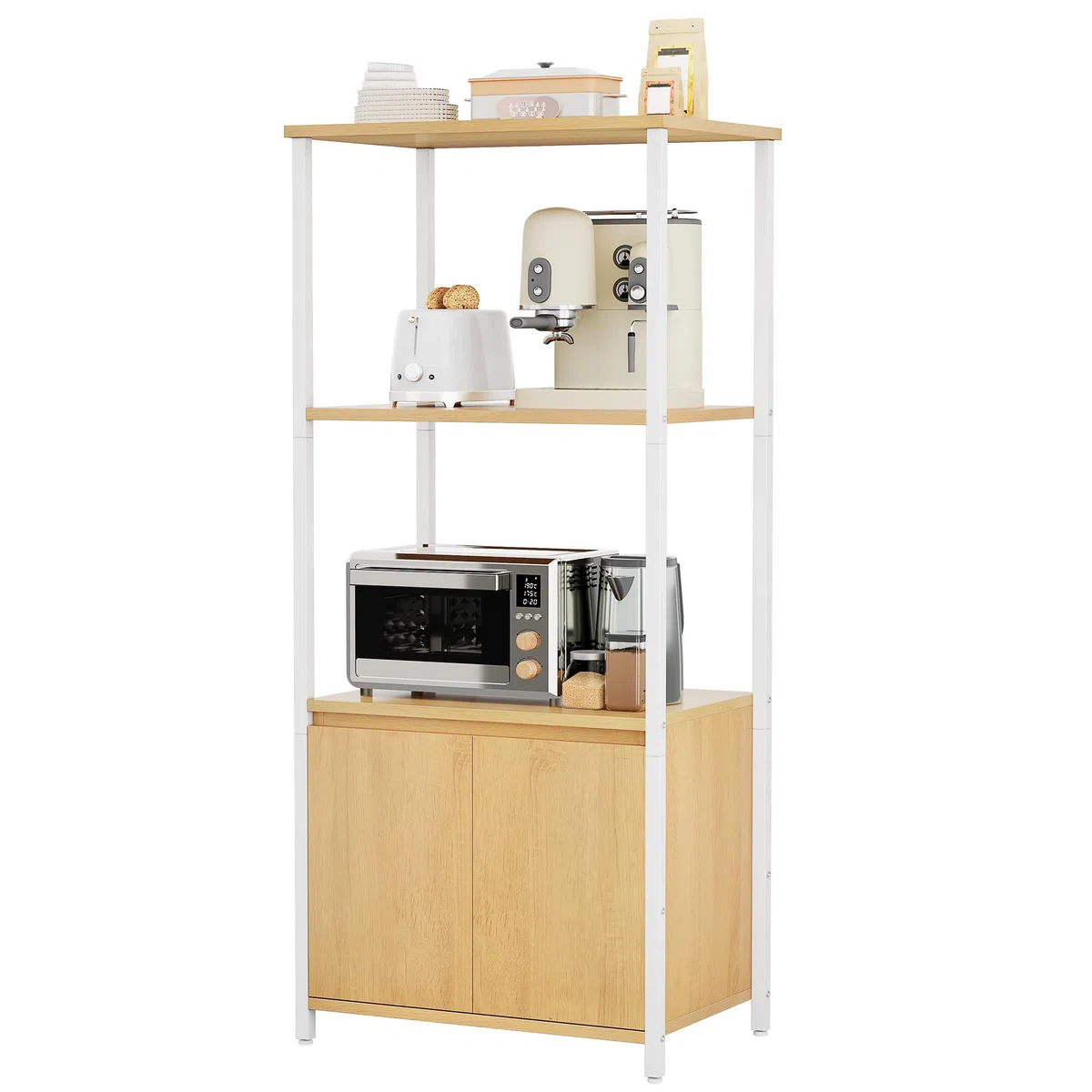 YITAHOME Küchenregale, Mikrowellenregal, Bäckergestelle für Küchen mit Stauraum, Kaffeebar, 3-stöckiger Snackständer mit Schrank, 56 x 36 x 121 cm, gelbe Eichenbretter, weiße Eisenrohre