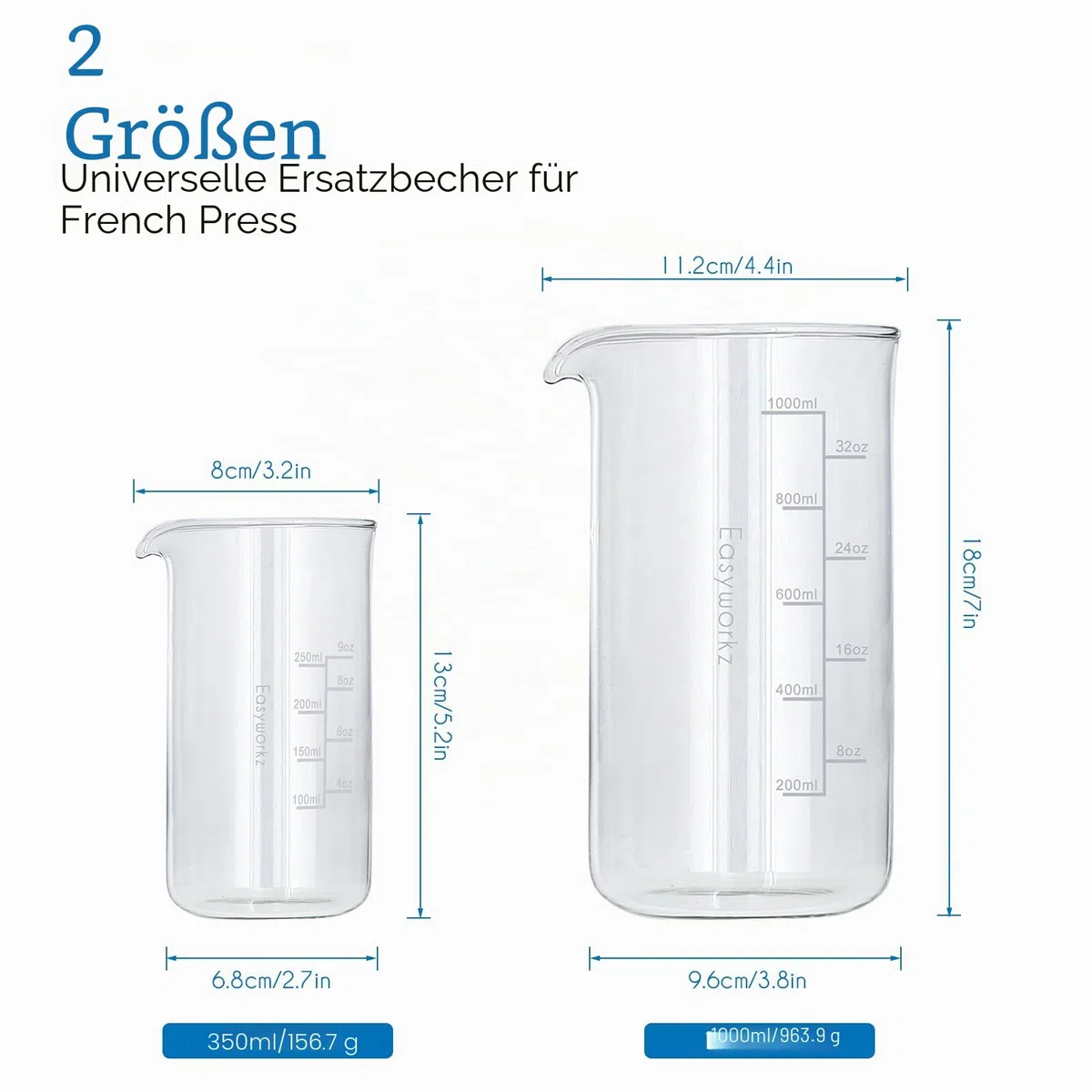 Easyworkz Ersatzbecher aus Borosilikatglas für 1000 ml French Press Kaffeemaschine