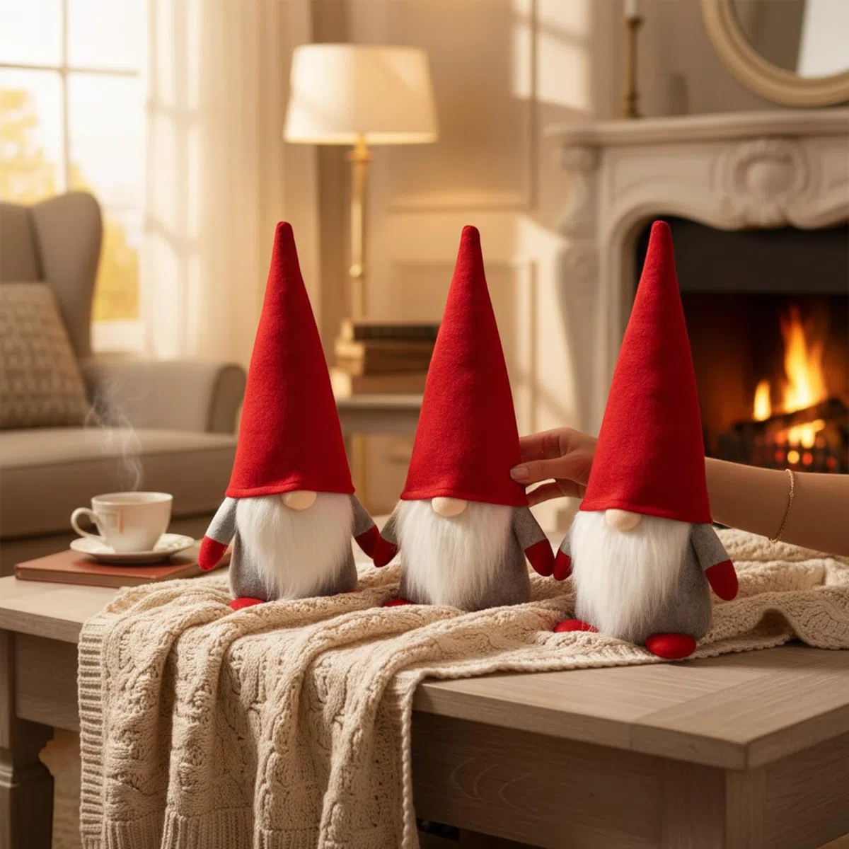 MIJOMA Weihnachtswichtel 3er Set - Deko-Wichtel mit hoher Mütze - skandinavische Stoff-Zwerge - 22 cm - Winterdeko Figuren für Weihnachten & Advent - stehende GNOME aus Plüsch (Rot)