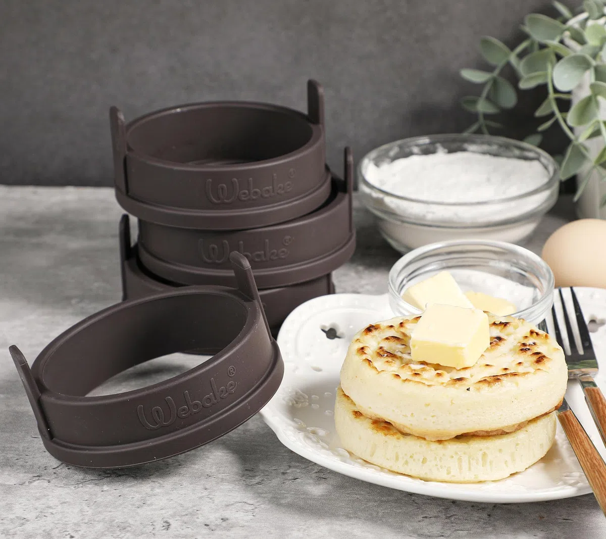 Webake Crumpet Ringe Silikon 4 Stück 9cm Pancake Form für pfanne Spiegeleierformen Eierringe Eier Ring für Crumpet Pancake Eier