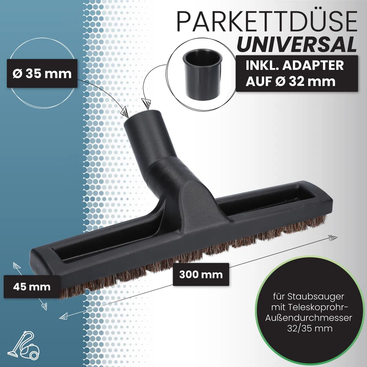 McFilter I Universal 32/35mm Hartbodendüse Staubsaugerdüse kompatibel mit Siemens, Bosch, AEG, Miele, Philips, Samsung, Dirt Devil, Panasonic I 2 Laufräder I weiches Rosshaar I ca. 30 cm breit