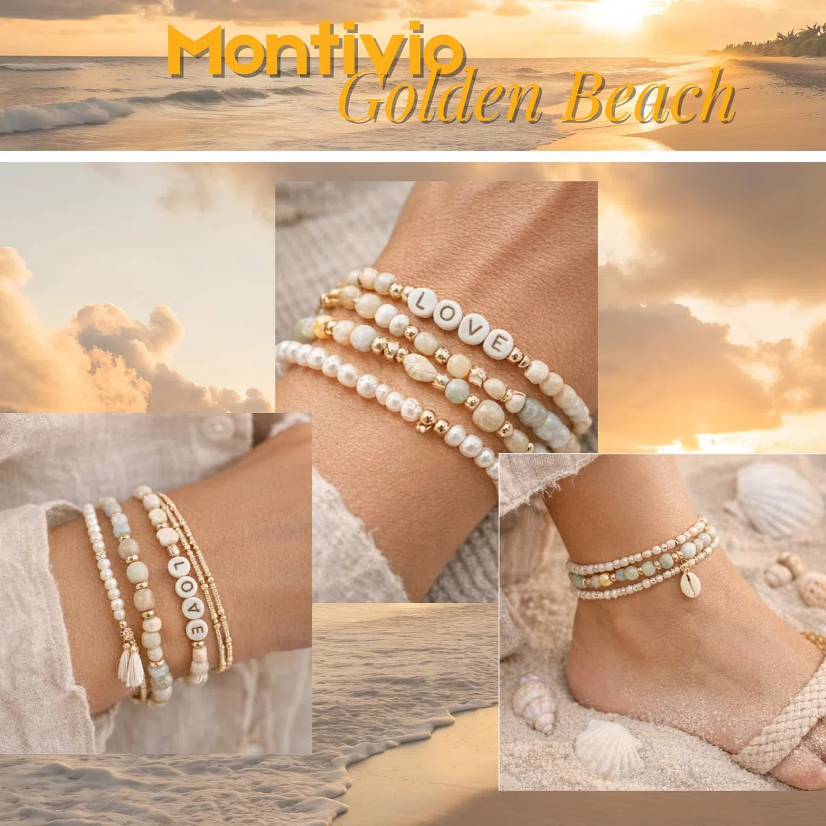 montivio Golden Beach, Natürliche Perlen, Naturstein, Amazonit perlen, Perlen für Armbänder, Perlenset mit Videoanleitung, Armbänder Selber Machen, Perlenset, Schmuck Selber Machen Set, Schmuck