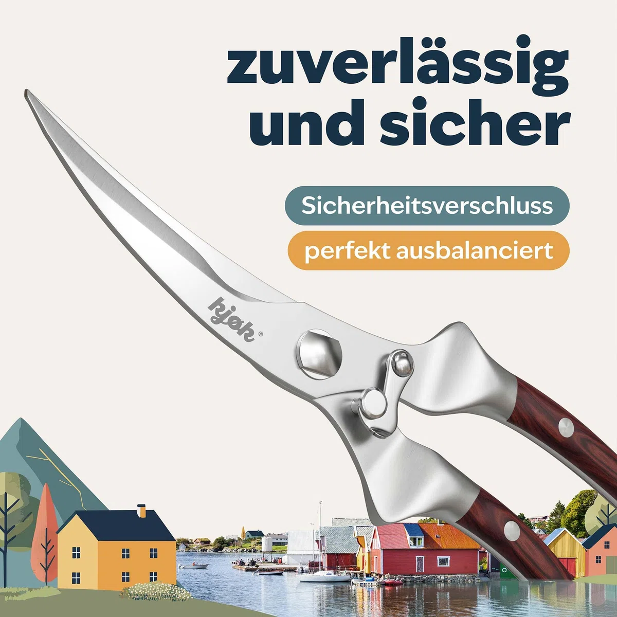 kjøk Geflügelschere Edelstahl mit Echtholzgriff – Tranchierschere für Hähnchen, Gans & Ente – durchtrennt Knochen, Sehnen & Gelenke – auch für Kräuter & Pizza – spülmaschinengeeignete Klingen
