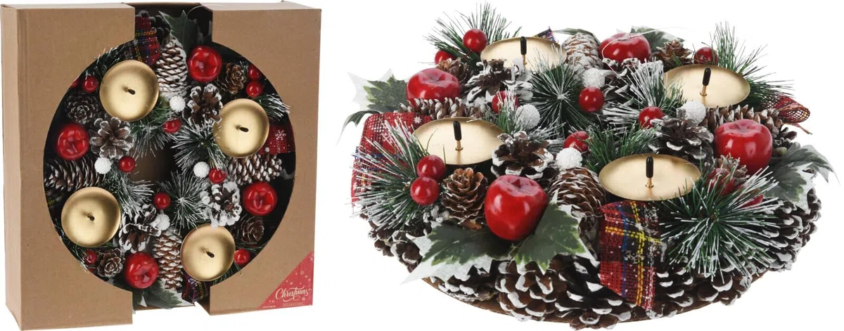 Bambelaa! Künstlicher Adventskranz mit 4 Kerzenhaltern in Gold Geschmückt Tannenzapfen roten Beeren 27cm - 40 cm (Braun, 27 cm)