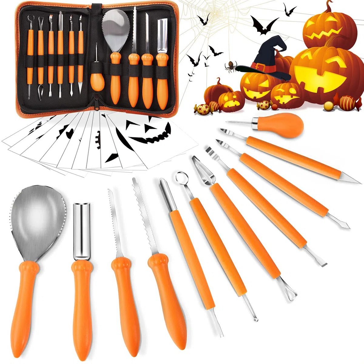 Alintor Kürbis Schnitzset, 11 Stück Schnitzwerkzeug Kürbis, Kastanienbohrer Kinder, Kürbis Schnitzset Kinder, Halloween Schnitzen Set (10 Vorlagen)